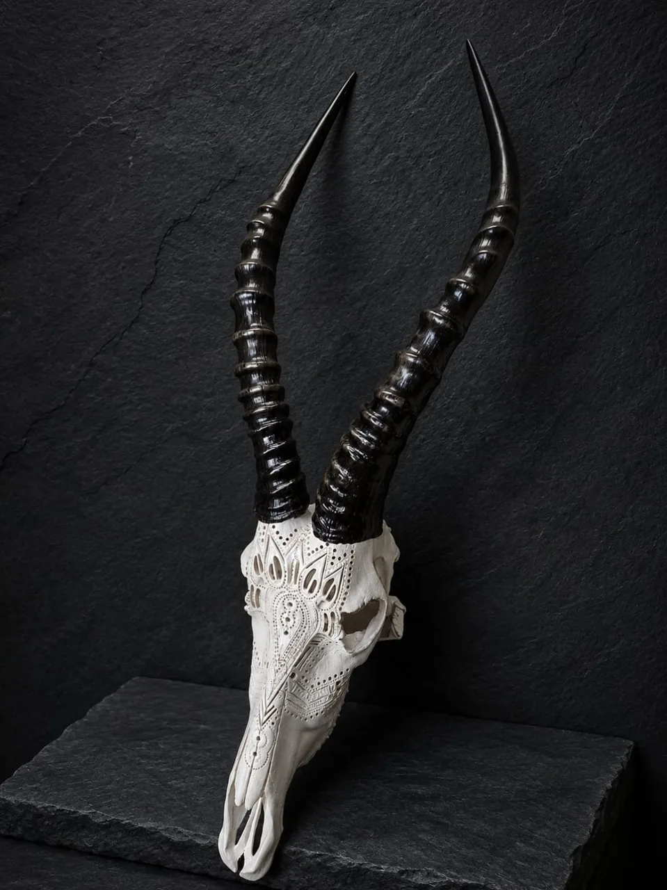 Blesbuck skull carved with fine white lace-like patterns, with long ringed black horns, on a slate backdrop