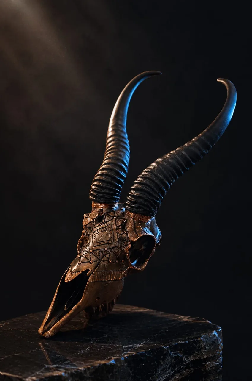 Springbuck skull finished in copper with carved geometric detail and ringed black horns