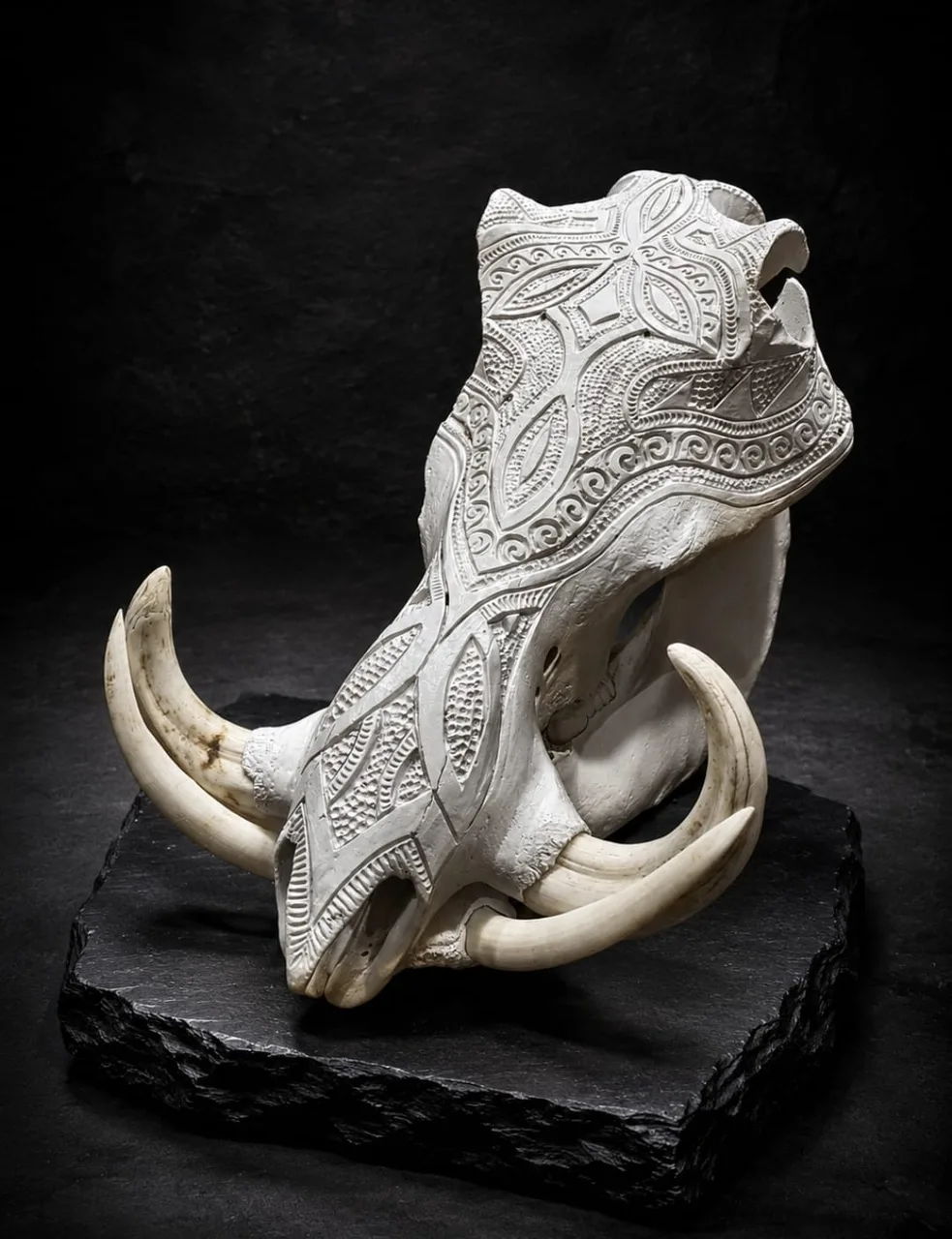 Warthog skull with dense carved scrollwork and curved ivory tusks, on a slate base