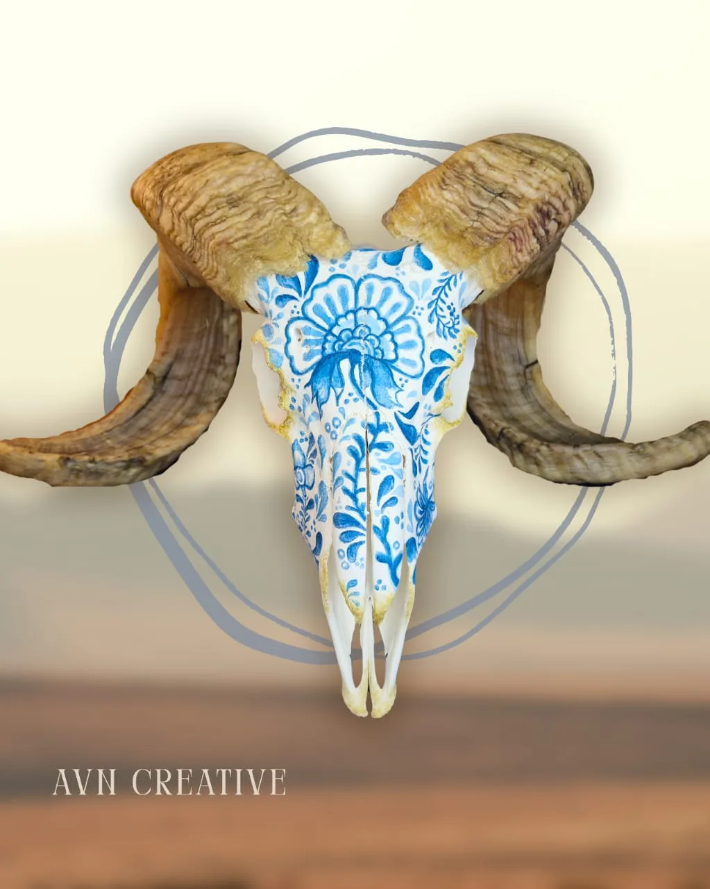 Merino ram skull hand-painted with a blue floral pattern