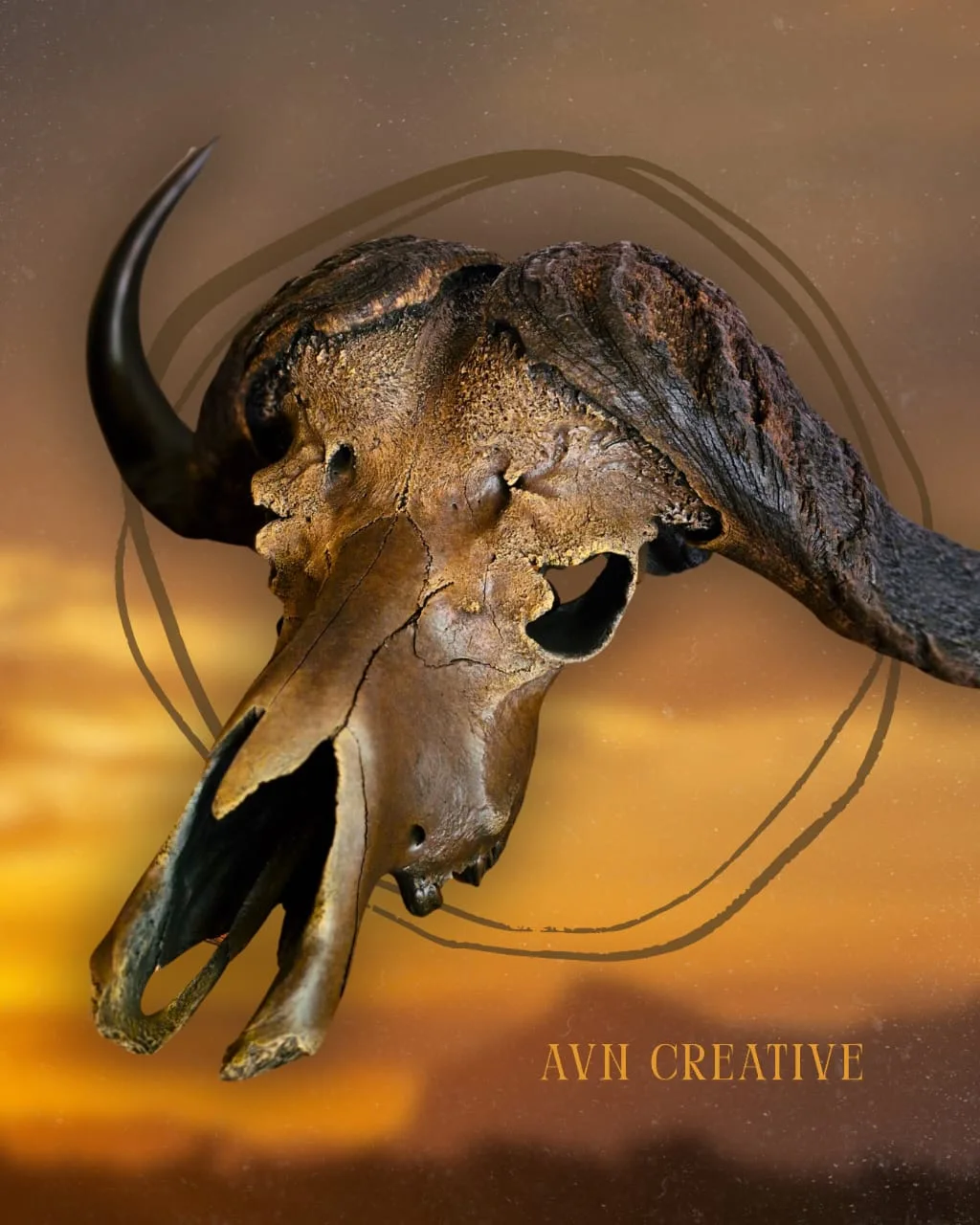 Large skull with a sweeping horn, finished with an aged, weathered patina