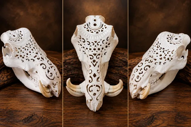 Warthog skull with intricate openwork carving in ivory bone, shown from three angles