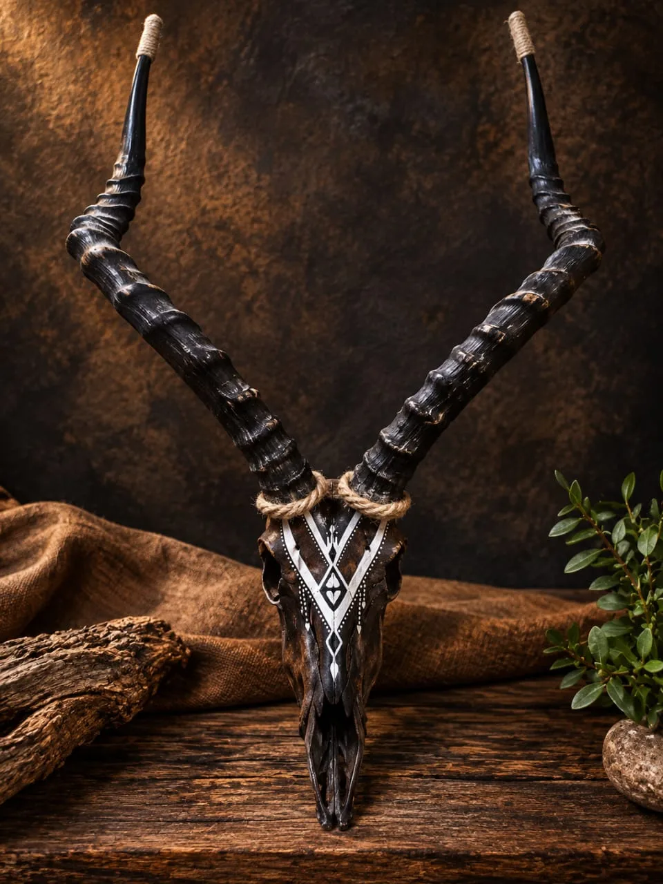 Impala skull with a dark finish and a white geometric pattern painted on the forehead