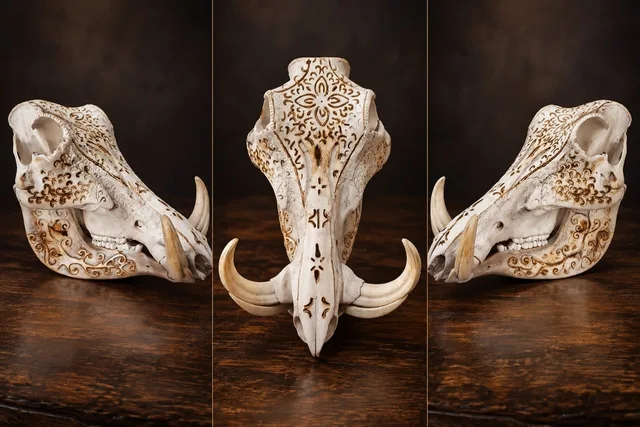 Warthog skull with fine scrollwork carving in a warm bone tone, shown from three angles