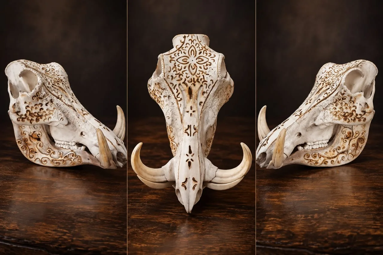 Warthog skull with fine scrollwork carving in a warm bone tone, shown from three angles