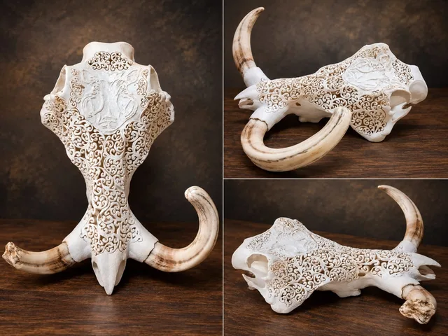Warthog skull with dense filigree carving and weathered tusks, shown from three angles