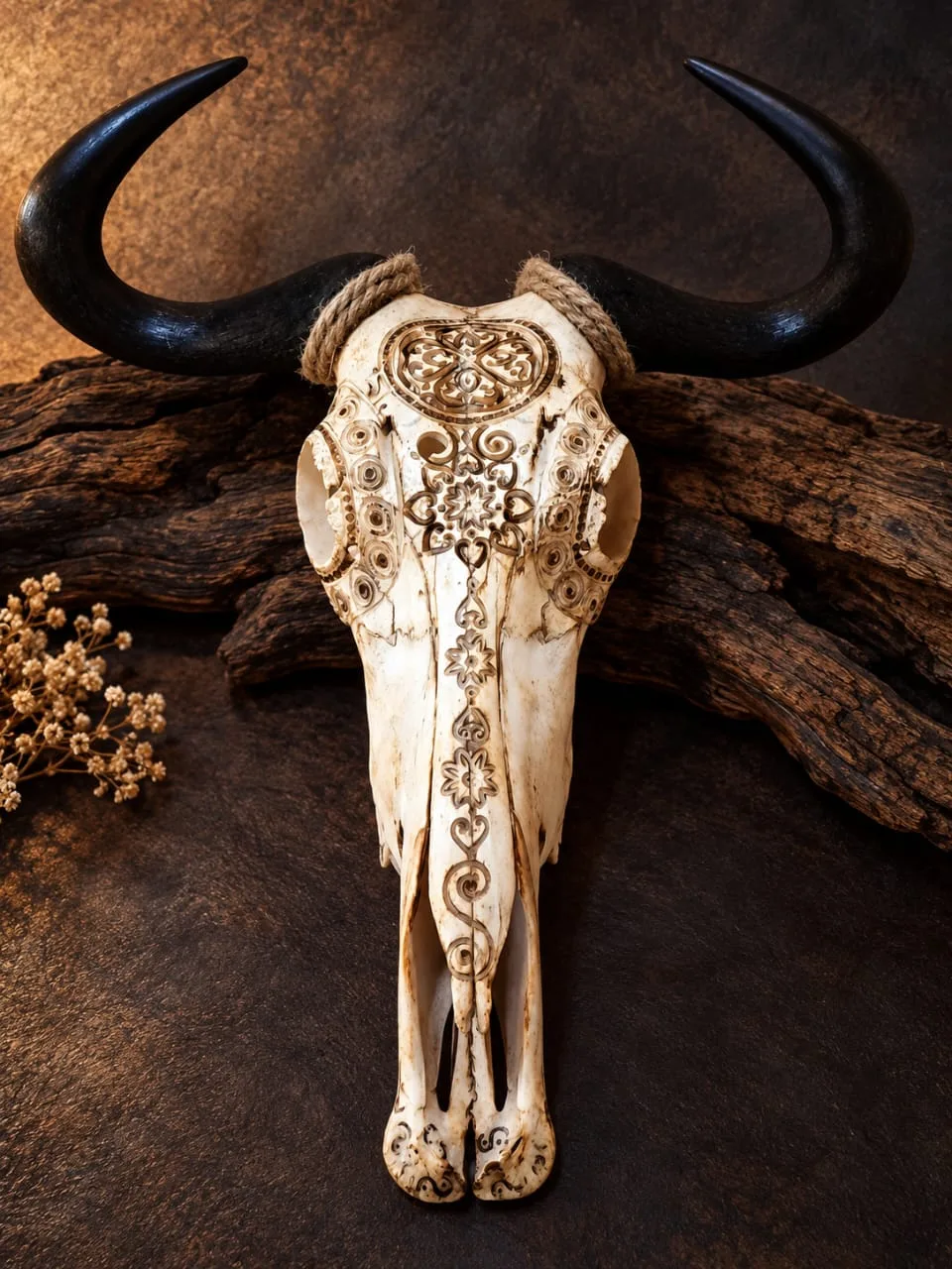 Blue wildebeest skull with dense filigree carving across the crown and rope-wrapped horns, on a hide backdrop