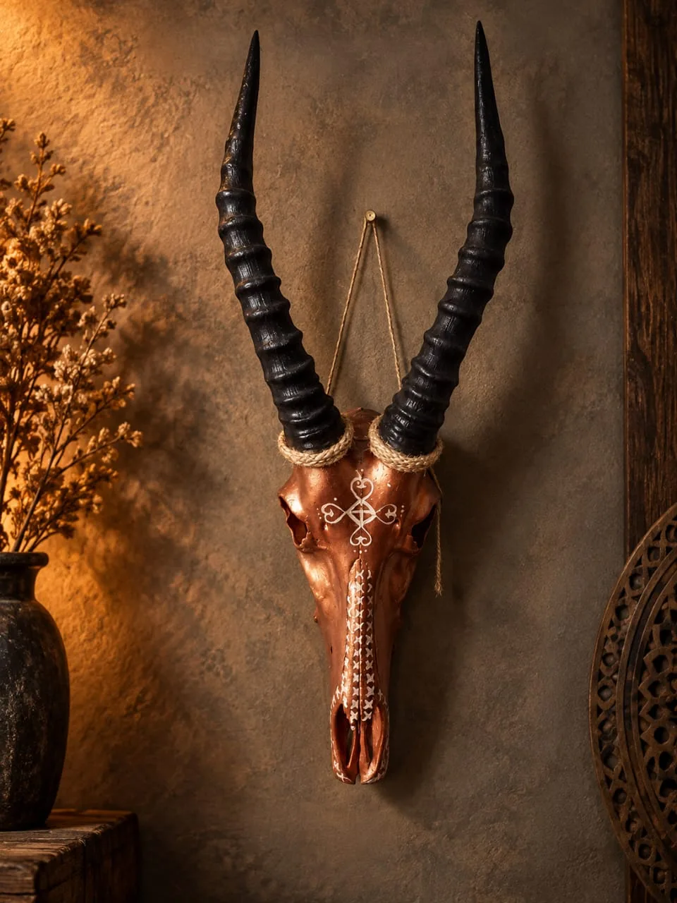 Blesbok skull painted in copper tones with a minimalist white line design and rope-wrapped horns
