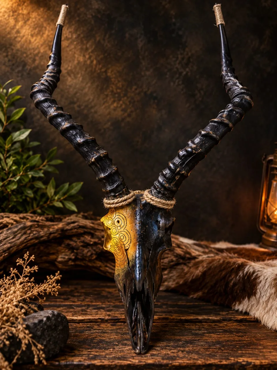 Impala skull painted in copper tones with a gold mandala face design and ringed horns
